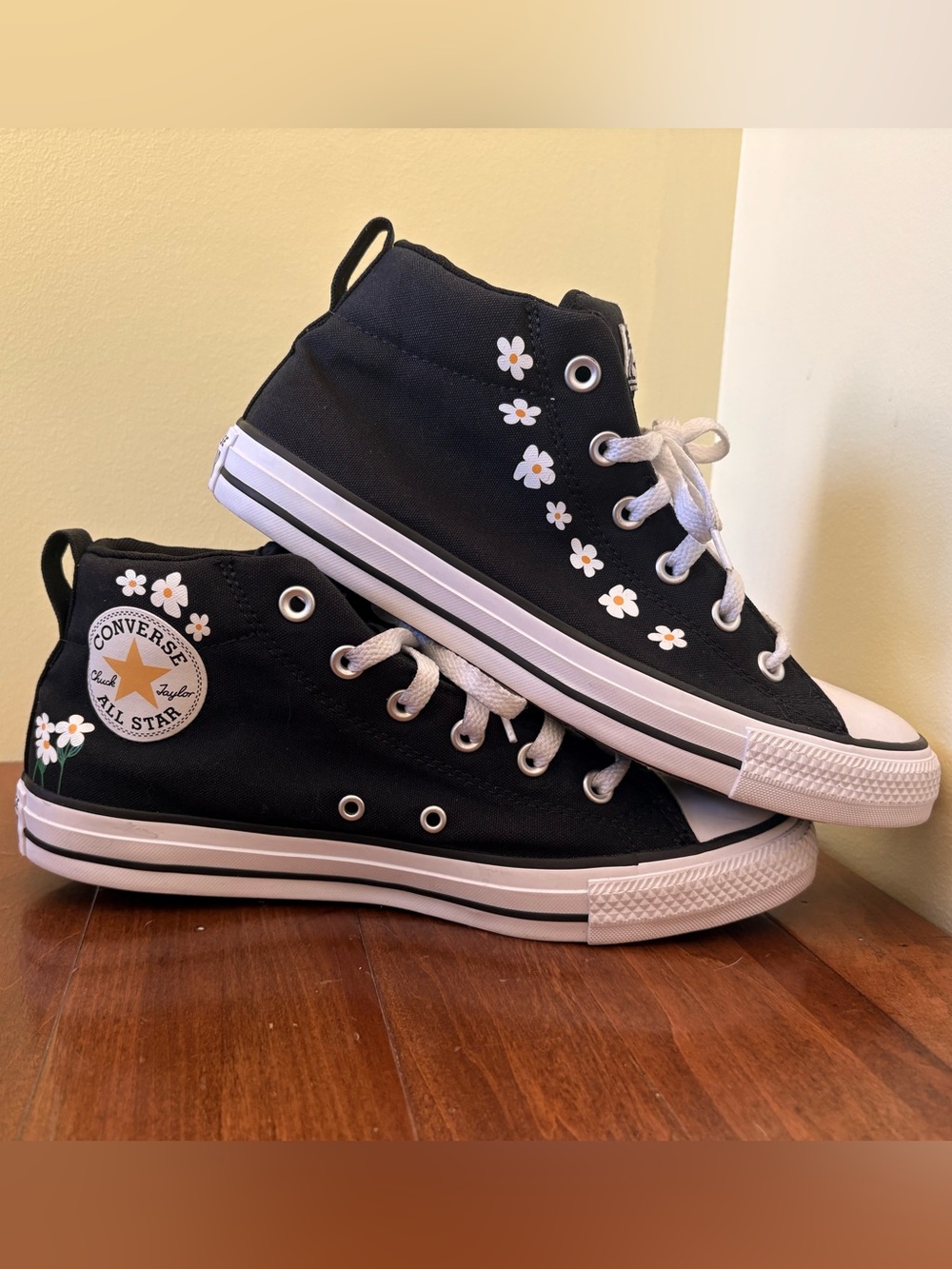 Converse Black High-Top Sneakers with White Daisy Print